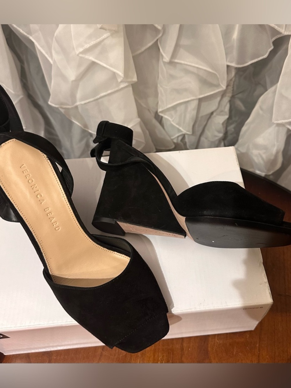 Veronica Beard Black Suede Peep-Toe Wedge Sandals with Ankle Tie